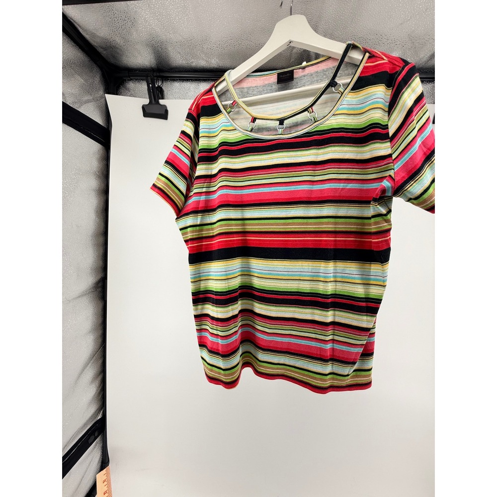 Rafaella Studio Womens Multi Color Striped Cotton Top Metal Ring Neckline XXL